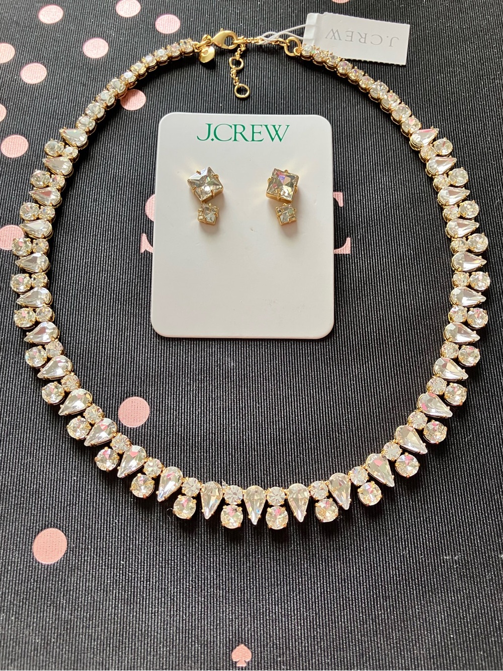 NWT J.CREW Gold Tone Clear Crystal Rhinestone Tiara Necklace and Earrings Set